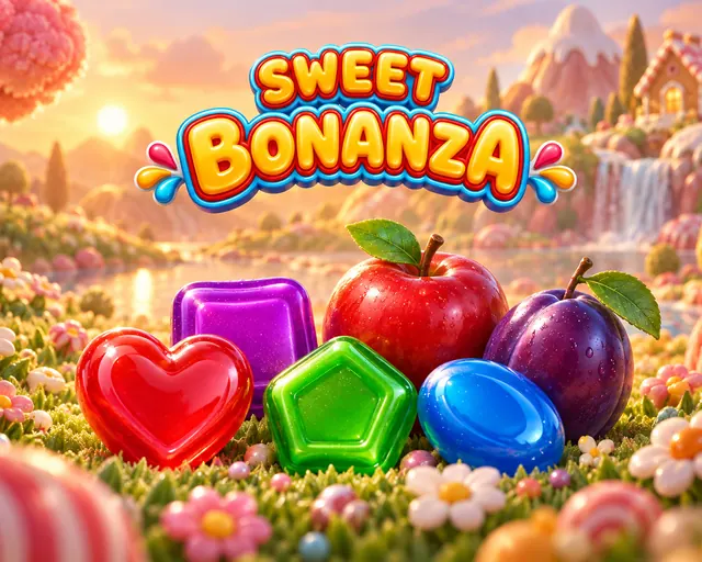 Gün batımında çiçekli bir çayırda Sweet Bonanza yazısı, şeker ve meyve sembolleri